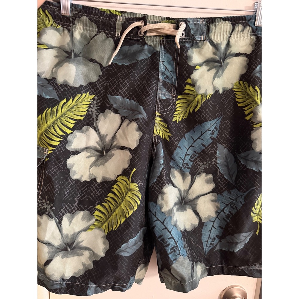 RS Surf Mens Board Shorts Tropical Hibiscus Floral Swim Trunks Black Blue Size M